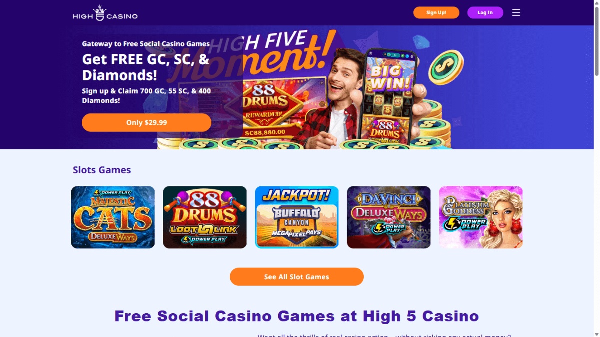 High 5 Casino homepage showing deals and top slot games.